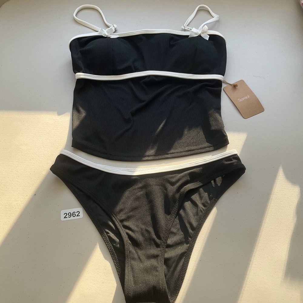 Samiol Tankini Set Medium Black Contrast Color Backless New